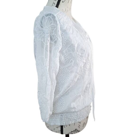 Kindred Women's Size Petite Large White Sheer Floral Embroidered Peasant Blouse - Picture 6 of 6
